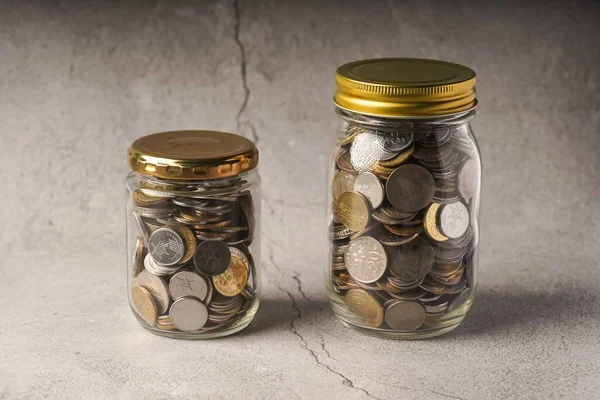 Savings Concept Coins Jar Copy Space Text — Stock Photo, Image