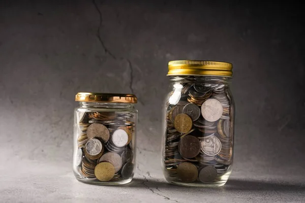 Savings Concept Coins Jar Copy Space Text — Stock Photo, Image