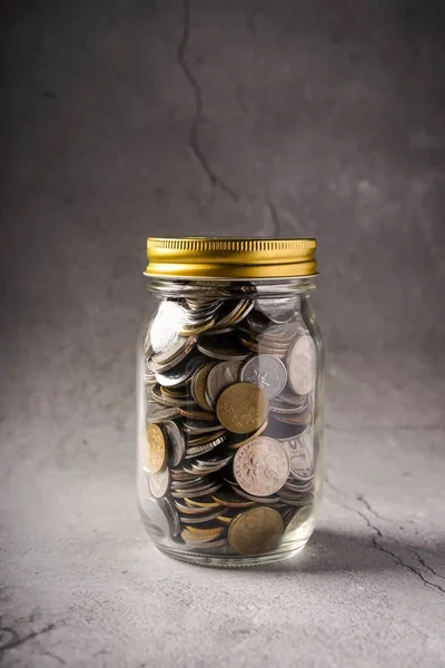 Savings Concept Coins Jar Copy Space Text — Stock Photo, Image