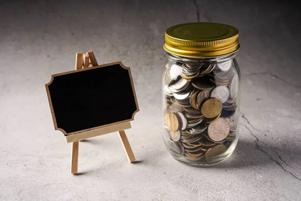 Savings Concept Coins Jar Copy Space Text — Stock Photo, Image