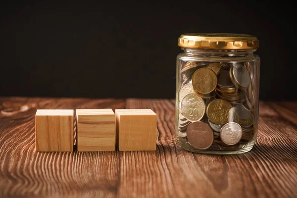 Sparkonzept Münzen Glas Mit Kopierraum Für Text — Stockfoto