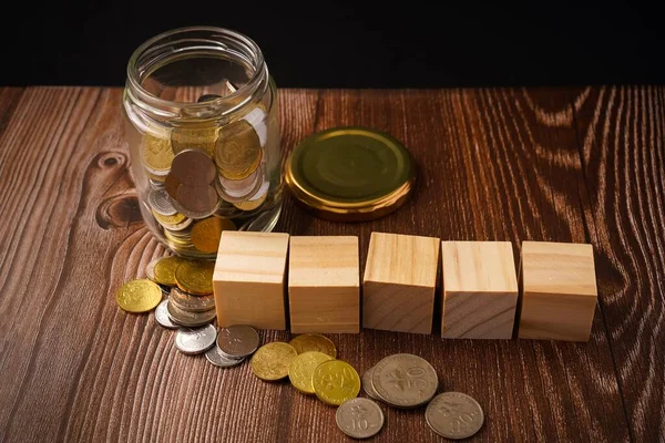 Savings Concept Coins Jar Copy Space Text — Stock Photo, Image