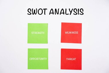 Yapışkan notlardaki SWOT analizleri. Güç, Zayıflık, Fırsat ve Tehdit