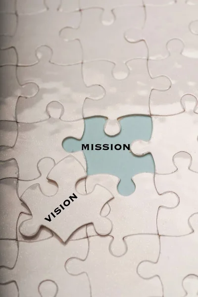 Business management concept: vision and mission wordings on puzzle pieces