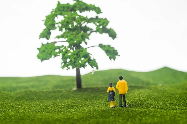 Концепція Любові Природи Мініатюрна Пара Фігур Перед Деревом — стокове фото