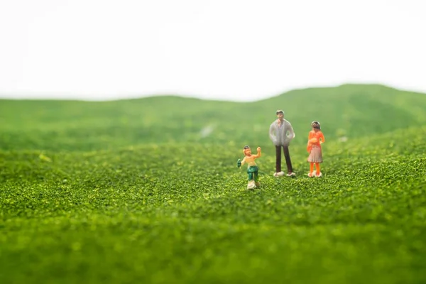Szczęśliwa Koncepcja Rodziny Miniaturowe Figurki Rodziny Parku Skupienie Selektywne — Zdjęcie stockowe
