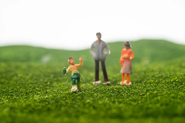 Happy Family Concept Miniatuur Familie Figuurtjes Een Park Selectief Focussen — Stockfoto