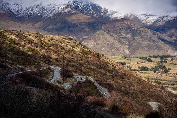 Vista Panorâmica Estrada Winding Crown Range Nova Zelândia — Fotografia de Stock