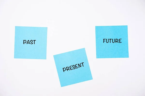 Past, present and future wordings on sticky notes isolated on white