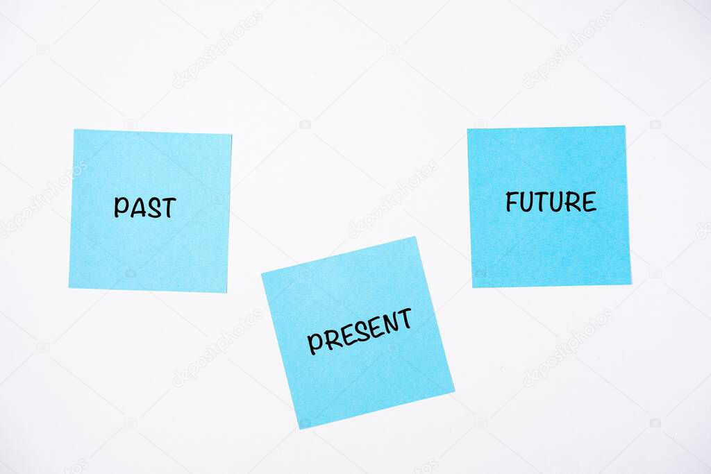 Past, present and future wordings on sticky notes isolated on white