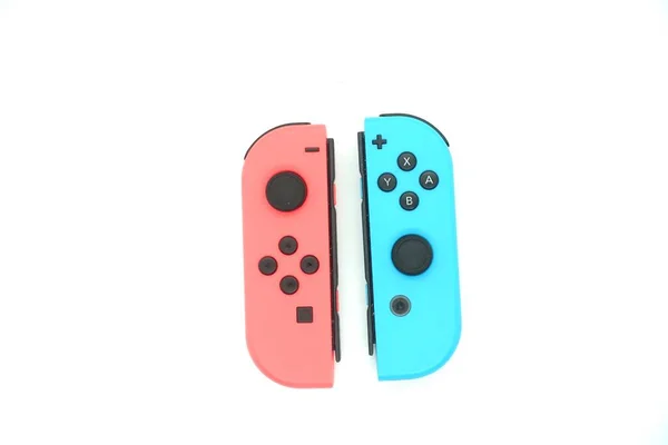 Joycon Nintendo Switch Bleu Néon Rouge Néon Sur Fond Blanc — Photo