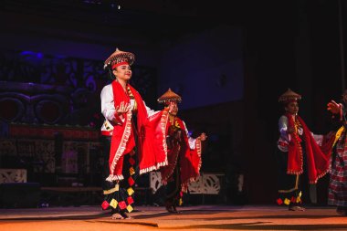 Sarawakian halkının Sarawak Kültür Köyündeki Geleneksel Sarayı Dansı
