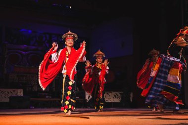 Sarawakian halkının Sarawak Kültür Köyündeki Geleneksel Sarayı Dansı