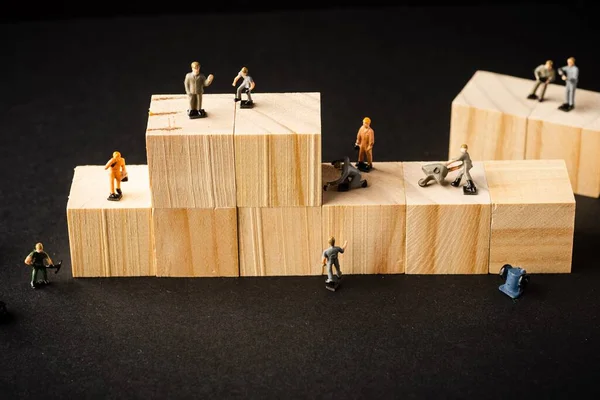 Miniature Builder Figures Wooden Blocks Labour Day Concept — Stock Photo, Image
