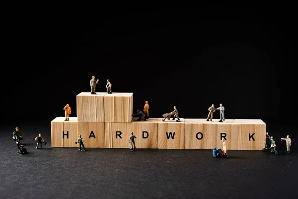 Miniature Builder Figures Wooden Blocks Hardwork Wordings — Stock Photo, Image