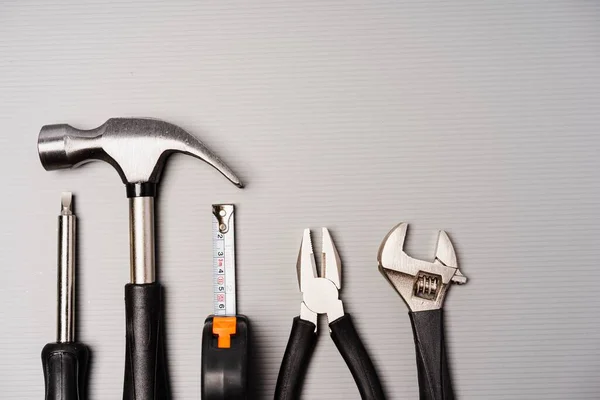 Flat Lay Composition Set Tools Including Hammer Pliers Wrench Screwdrivers — Stock Photo, Image
