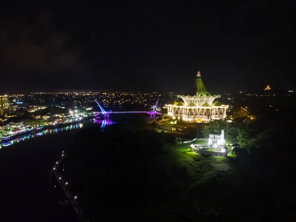 Αεροφωτογραφία Του Kuching City Sarawak Κατά Διάρκεια Της Νύχτας — Φωτογραφία Αρχείου