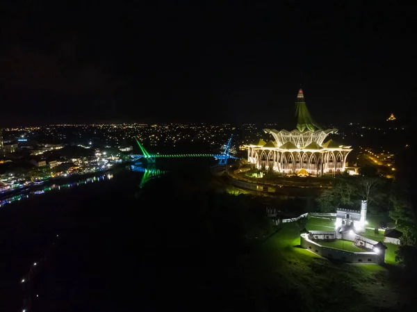 Vista Aérea Kuching City Sarawak Durante Noite — Fotografia de Stock