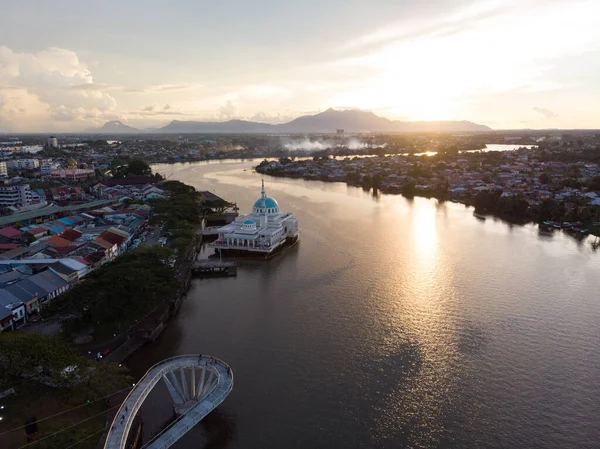 Aerial view of the beautiful floating mosque of Kuching or also known as masjid india during sunset