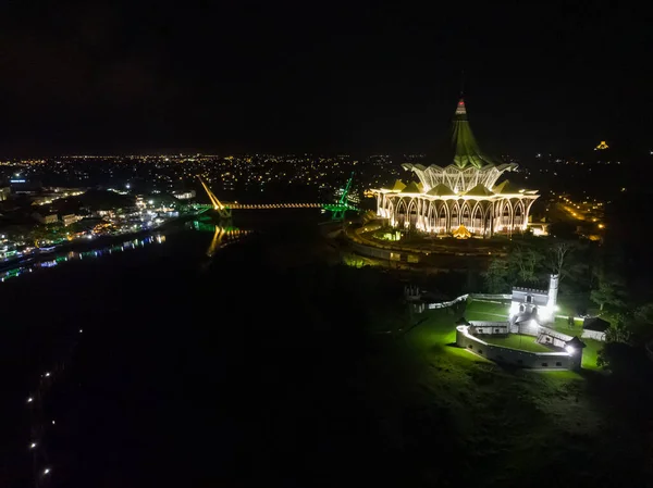 Vista Aérea Kuching City Sarawak Durante Noite — Fotografia de Stock