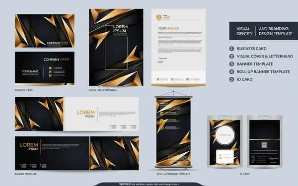 奢华的黑色和金色文具造型和视觉品牌标识设置 图形模板设计 — 图库矢量图片