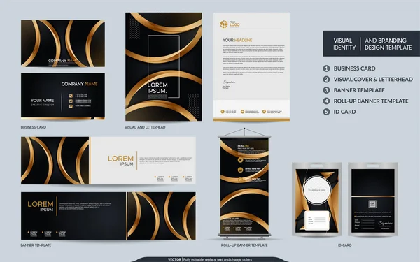 Luxo Preto Ouro Papelaria Simular Visual Conjunto Identidade Marca Projeto — Vetor de Stock