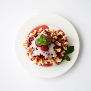 Sosu, ahududu ve nane yapraklı yuvarlak waffle 'lar.