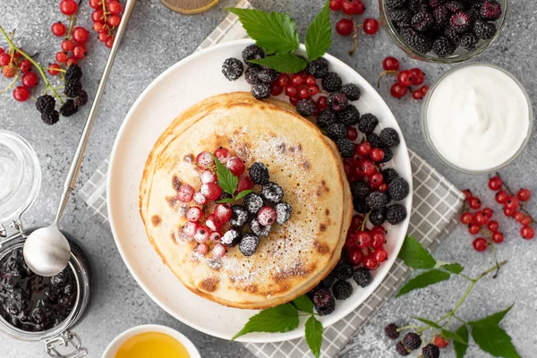 Homemade Pancakes Fresh Berries Jam Plate — Stock Photo, Image