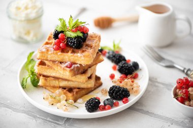 Böğürtlenli ev yapımı waffle, toz şeker, beyaz tabakta bal serpiştirilmiş.