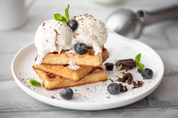 Homemade Waffles Two Scoops Ice Cream Chocolate White Plate — Stock Photo, Image