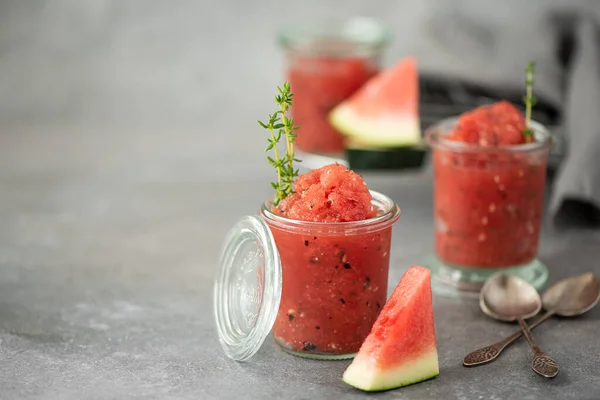 Watermelon Smoothie Basil Thyme Glass Jars Grey Table — Stock Photo, Image