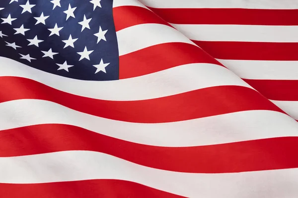 Feche Bandeira Americana Com Babados Textura Cetim Curvo Bandeira Dos — Fotografia de Stock