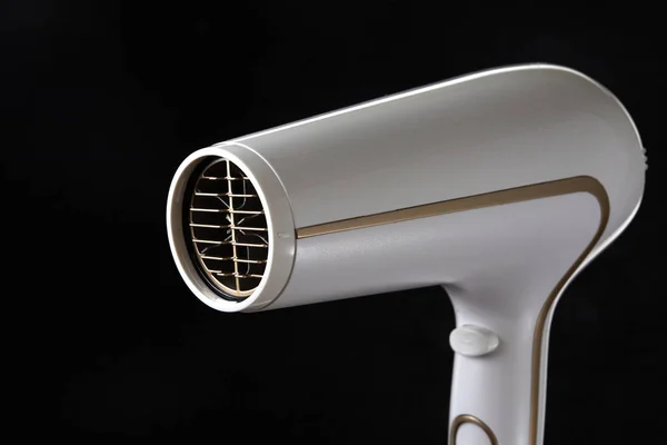 Professional Stylish Hairdryer Isolated Black Background White Ionic Hair Dryer — Stock Photo, Image