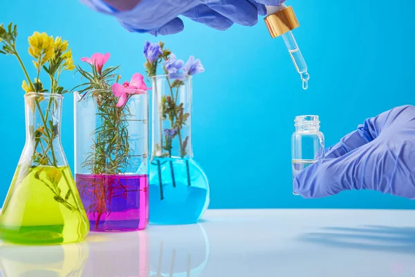 Ręce Naukowca Trzymają Butelkę Kosmetyków Probówki Roślinami Tle Koncepcja Badań — Zdjęcie stockowe