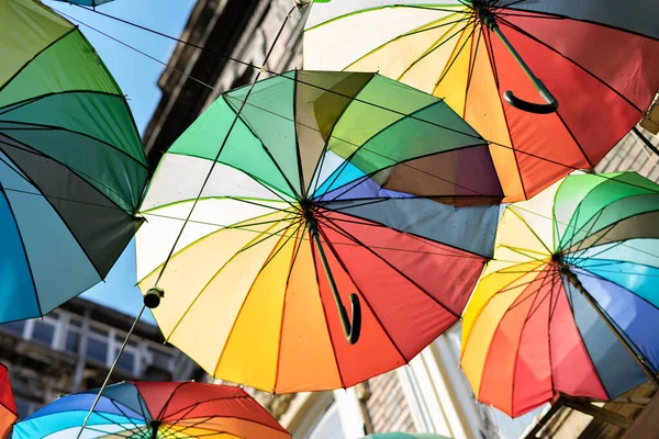 Background Colorful Rainbow Different Color Umbrellas Unban Tourist Street Decoration — Stock Photo, Image