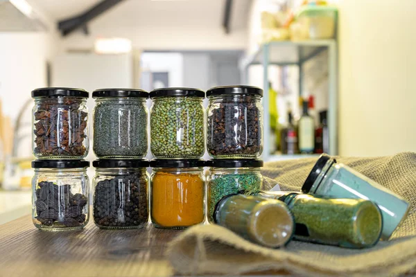 Assorted Spice Herb Glass Jars Cooking Indian Spices Multi Colored — Stock Photo, Image