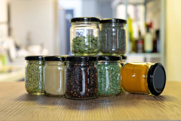 Different Spice Herb Glass Jars Cooking Indian Spices Multi Colored — Stock Photo, Image