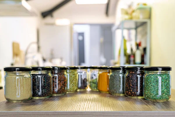 Different Spice Herb Glass Jars Cooking Indian Spices Multi Colored — Stock Photo, Image