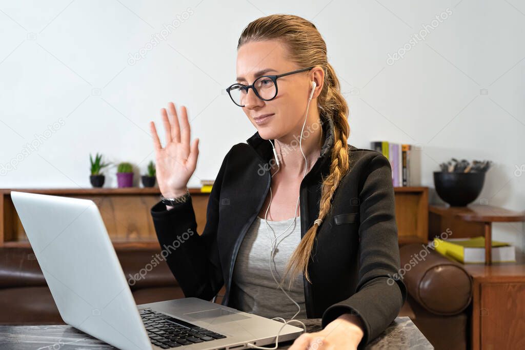 business woman online student teacher coach psychologist, video call on laptop by webcam learn teach thumb up