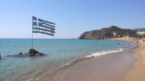 Ostrov Rhodos Řecko Pláž Tsampika Středozemní Moře Vlna Pobřeží Slunečný — Stock video