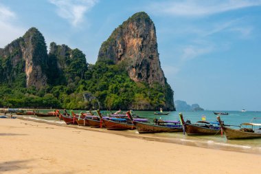 Krabi 'deki Reilly sahilinde geleneksel uzun kuyruklu tekneler..