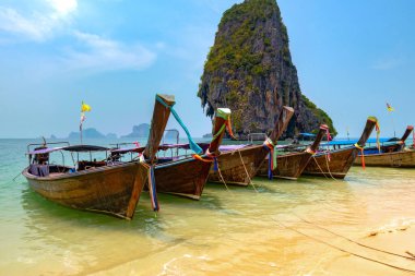 Tayland 'ın geleneksel uzun kuyruklu tekneleri Krabi' deki Phra Nang Sahili 'nde..