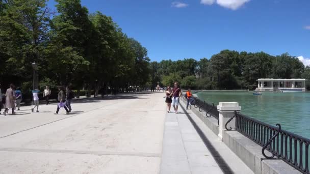 退休公园 人们在一个大池塘边散步 2017年5月 西班牙马德里 — 图库视频影像