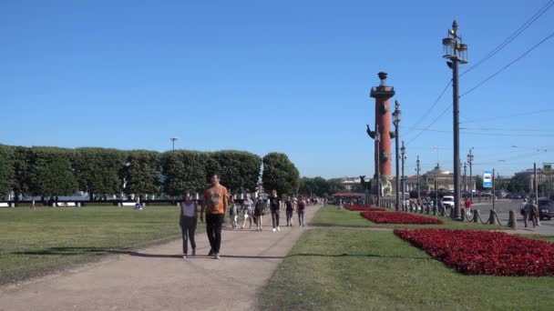 Saint Pétersbourg Strelka Vasilievsky Île Les Gens Marchent Dans Parc — Video