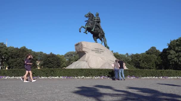 San Pietroburgo Cavaliere Bronzo Monumento Pietro Grande Giornata Estiva Soleggiata — Video Stock