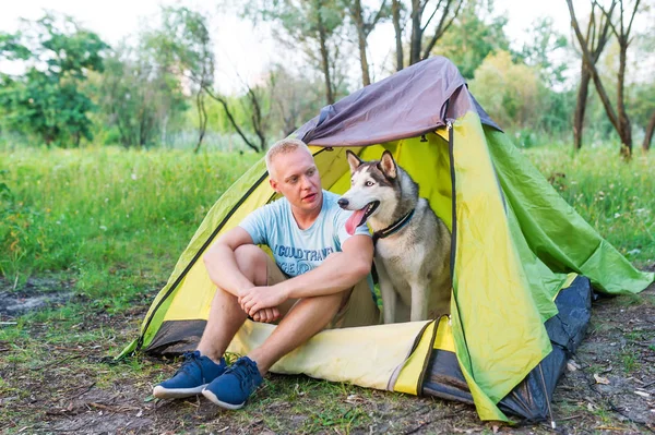 Adam Açık Havada Çadır Husky Köpek Ile Nsan Köpek Dostluk — Stok fotoğraf