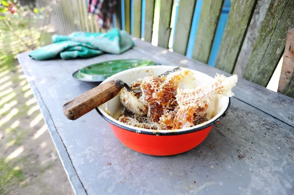 Honey was extracted from honeycombs. Honey and wax are in a bowl.