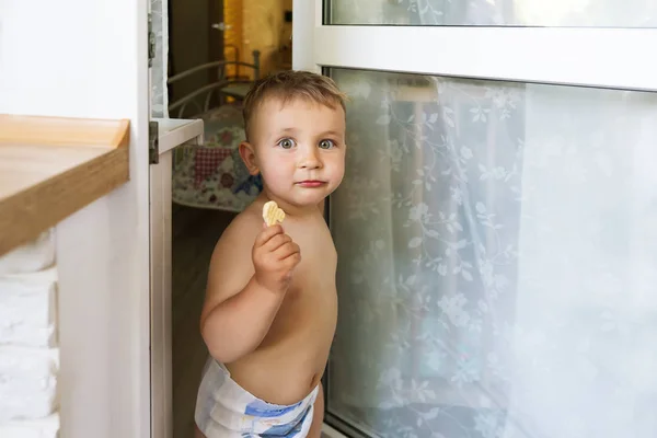 Little Boy Cookies Stand Balcony Closeup Portrait — Stock Photo, Image