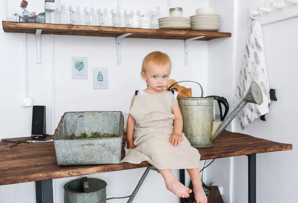 Cute Small Little Girl Watering Potted Plants Indoors Adorable Blond — Stock Photo, Image