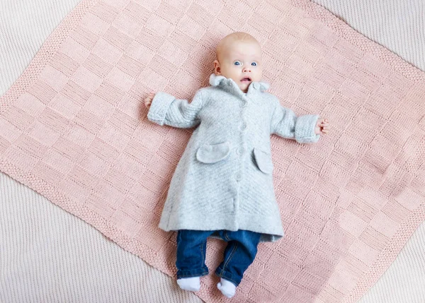 Newborn Baby Coat Jeans Lying Home Top View Baby Portrait — Stock Photo, Image